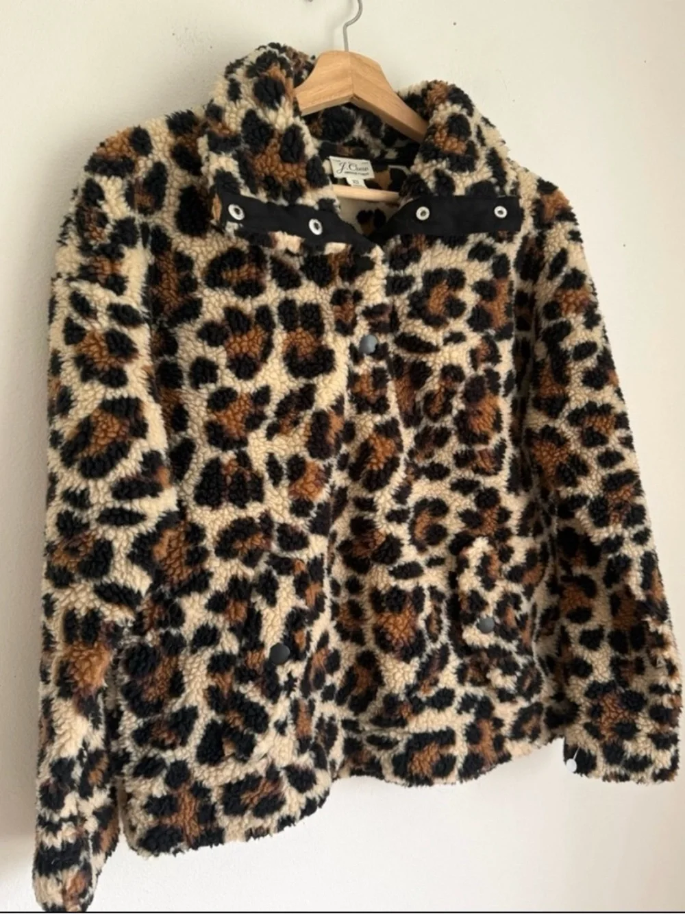 J. Crew Snap-Collar Sherpa Pullover Jacket in Leopard Print